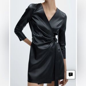 Elegant Black Faux Leather Wrap Dress